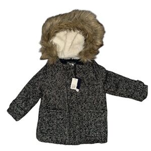GAP Navy and White Kids Pea Coat with Faux Fur Hood